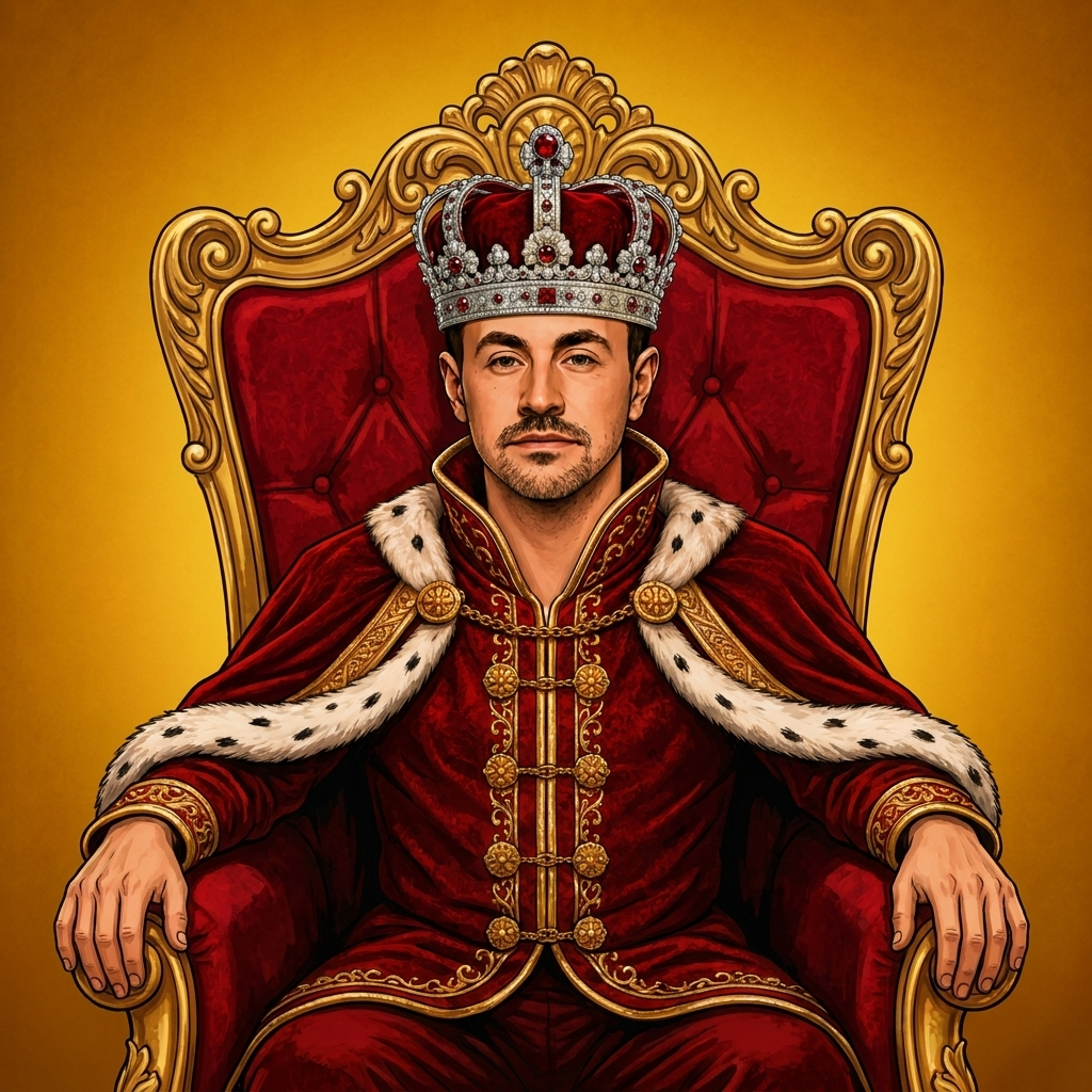 Illustrated king in a red and gold robe seated on a golden throne, the MEME KING mascot